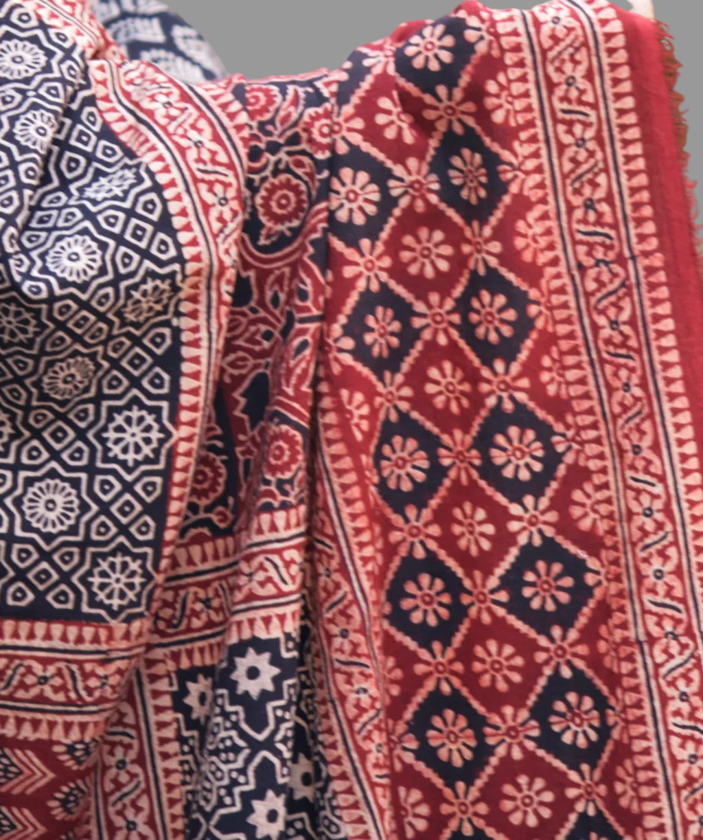 Ajrak Multi-Blocks Chaadar – Hand Block Printed Geometric Maroon & Black, 2.5m × 42-44"