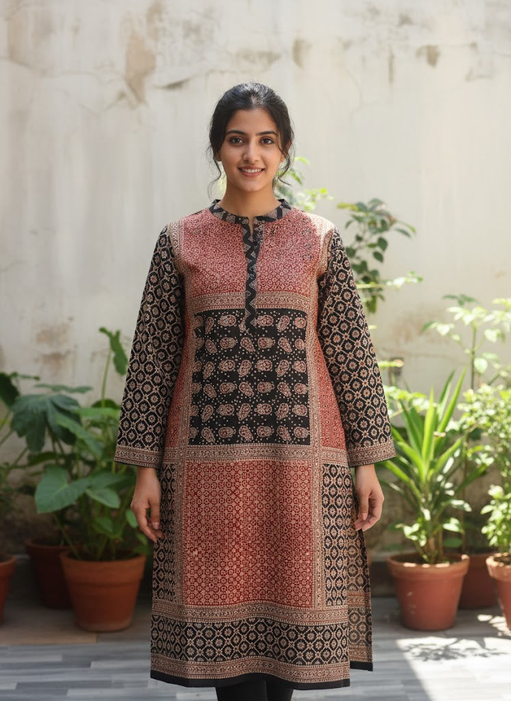 Hand Block Printed Ajrak Multi Blocks Unstitched Lawn Kurta for Women - Premium Traditional Fabric - Shopping Karado