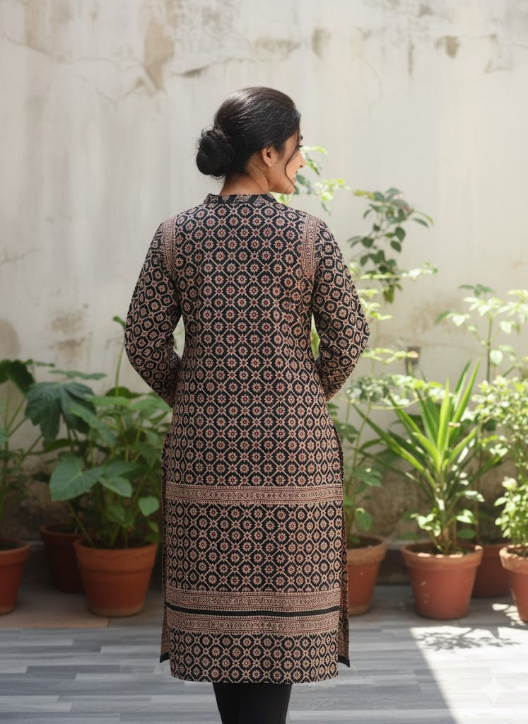 Back View of Hand Block Printed Ajrak Kurta - Unstitched Sleeves Detail - Shopping Karado