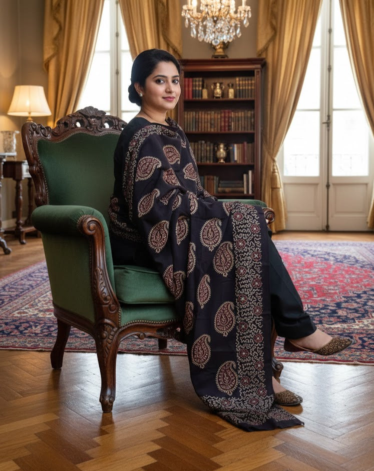 Ajrak Chadar Anbi Kakkar – 2.5 m Hand-Block Printed Sindhi Ajrak Cotton Shawl