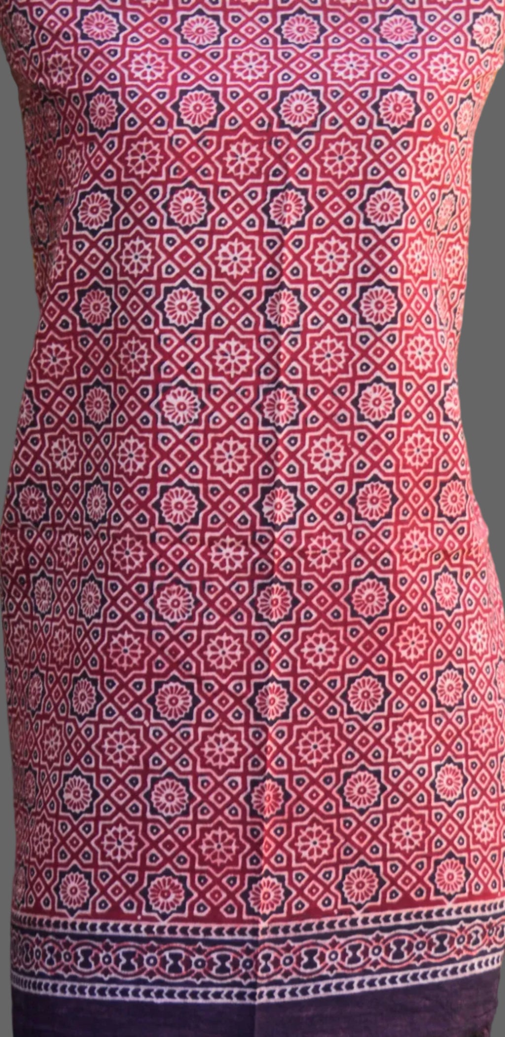 Organic Dye Hand Block Print Ajrak Two-Piece Dress Set – Moroccan Red Shirt & Dupatta (2.5m Each, 44" Width)- Cotton