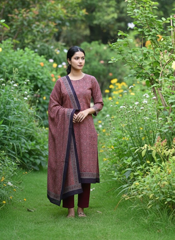 Organic Dye Hand Block Print Ajrak Two-Piece Dress Set – Moroccan Red Shirt & Dupatta (2.5m Each, 44" Width)- Cotton