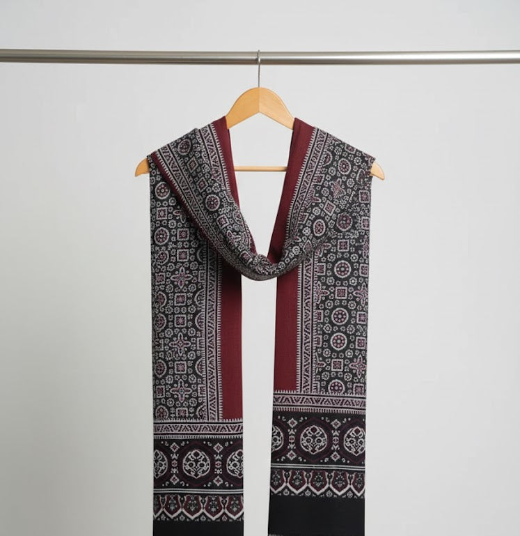 Premium Hand Block Printed Ajrak Jileb Black & Maroon – Single Paat | Organic Dyed Cotton Ajrak for Men
