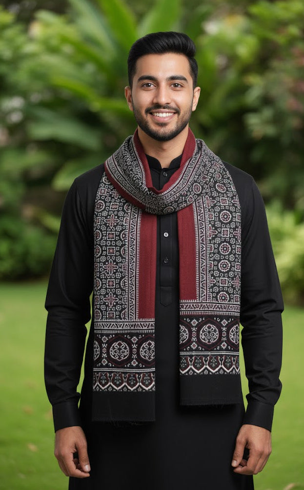 Premium Hand Block Printed Ajrak Jileb Black & Maroon – Single Paat | Organic Dyed Cotton Ajrak for Men