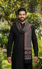 Premium Hand Block Printed Ajrak Jileb Indigo & Maroon – Single Paat | Organic Dyed Cotton Ajrak for Men