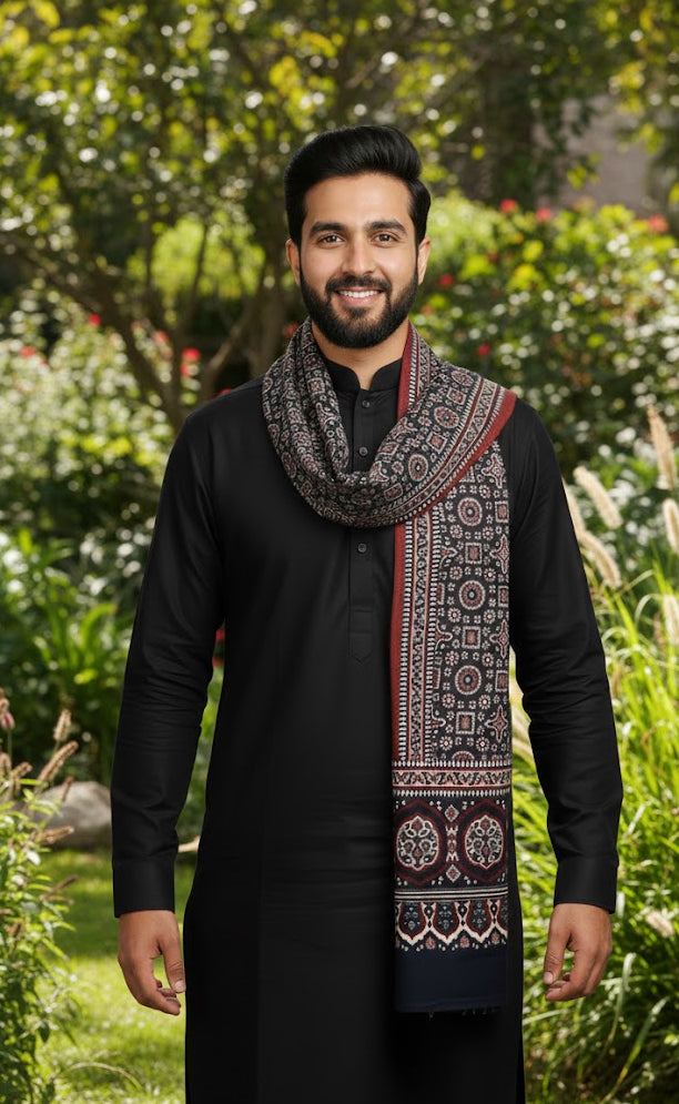 Premium Hand Block Printed Ajrak Jileb Indigo & Maroon – Single Paat | Organic Dyed Cotton Ajrak for Men