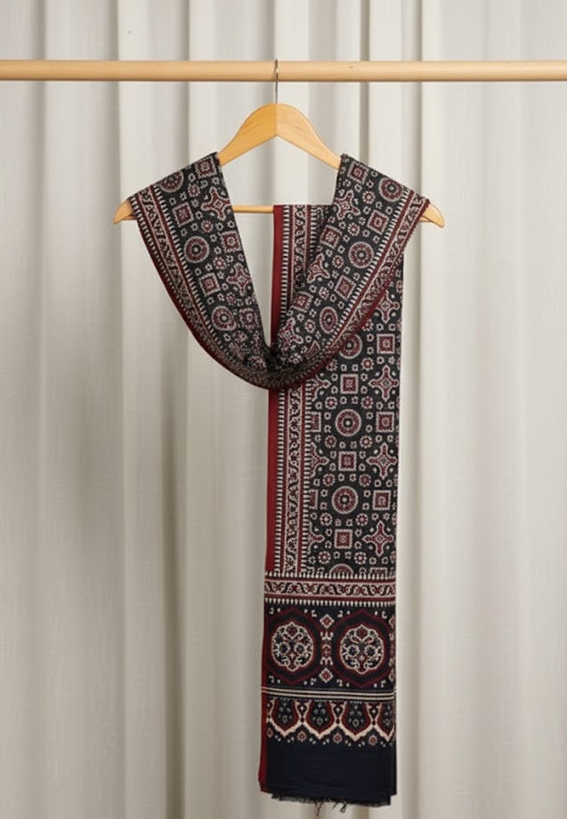 Premium Hand Block Printed Ajrak Jileb Indigo & Maroon – Single Paat | Organic Dyed Cotton Ajrak for Men
