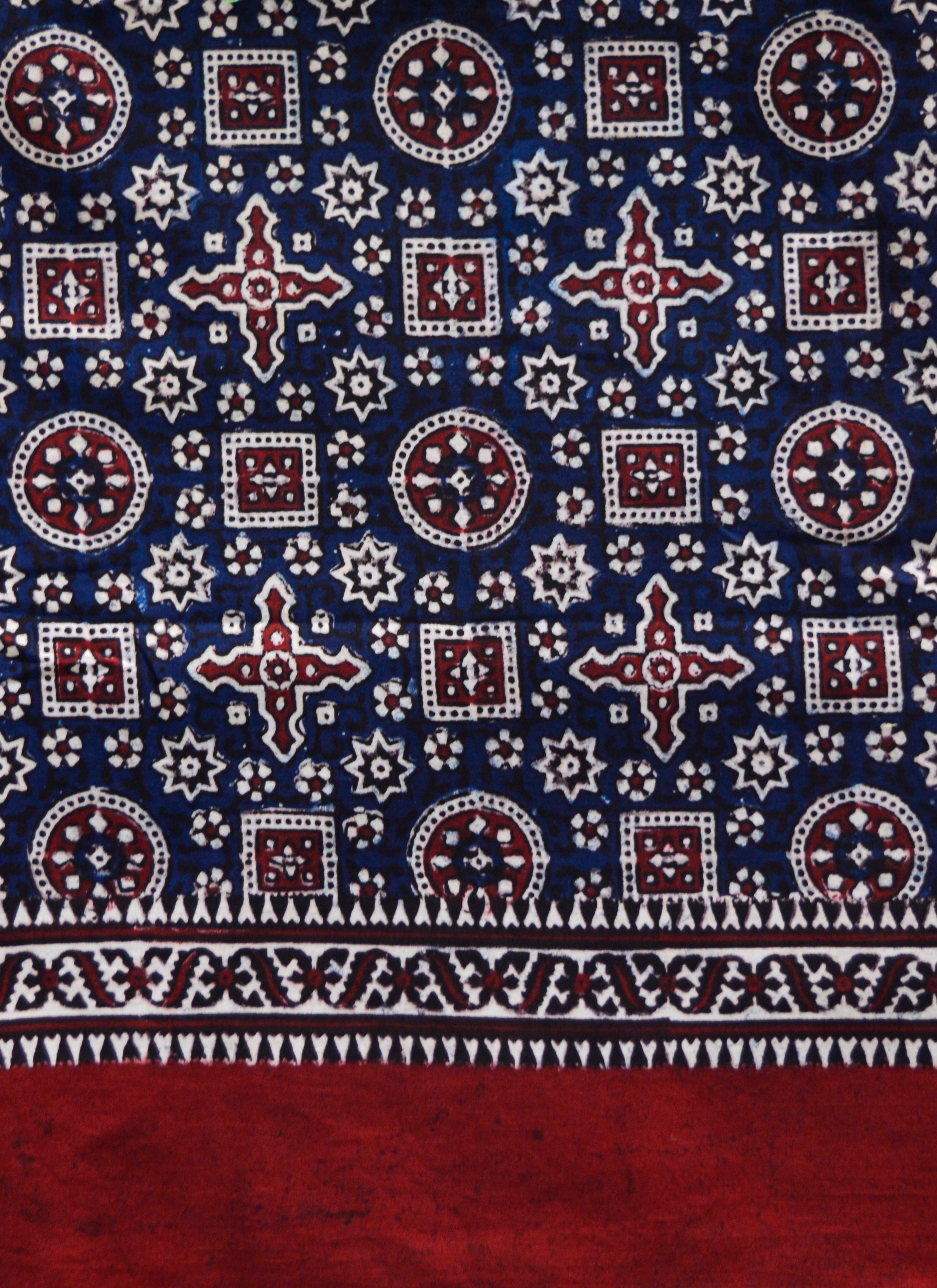 Premium Hand Block Printed Ajrak Jileb Indigo & Maroon – Single Paat | Organic Dyed Cotton Ajrak for Men