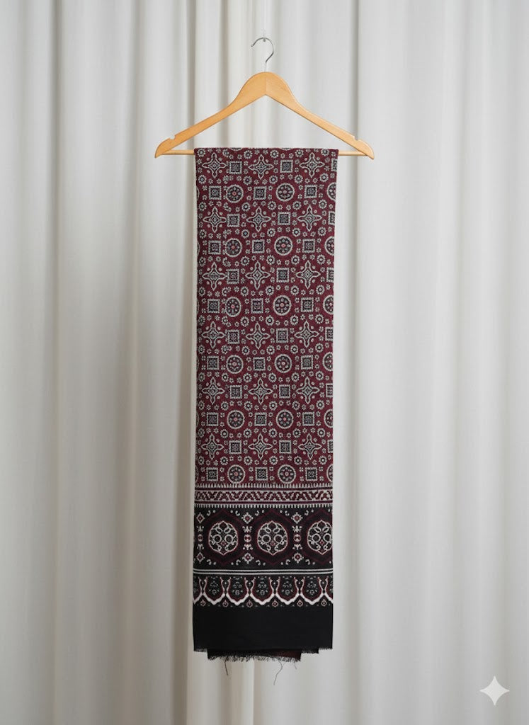 Premium Hand Block Printed Ajrak Jileb Maroon & Black – Single Paat | Organic Dyed Cotton Ajrak for Men
