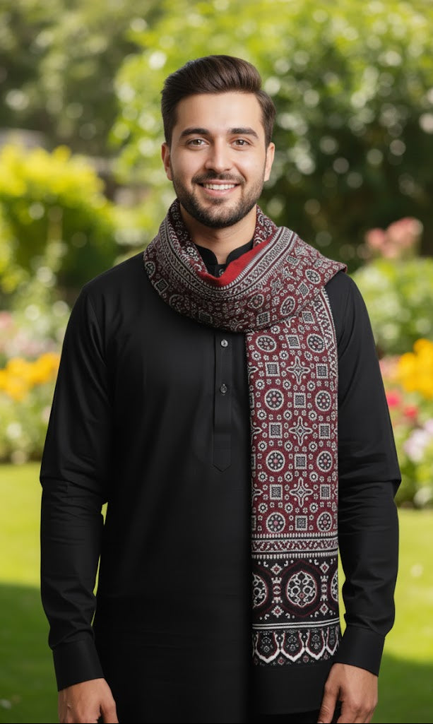 Premium Hand Block Printed Ajrak Jileb Maroon & Black – Single Paat | Organic Dyed Cotton Ajrak for Men
