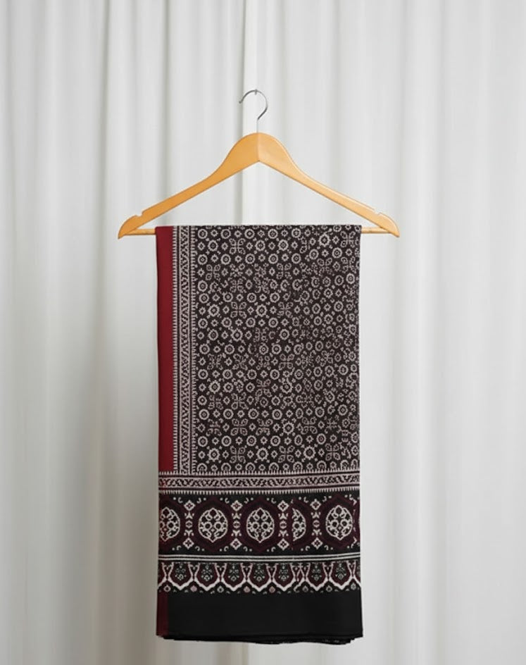 Premium Hand Block Printed Ajrak Kharik Black and Maroon – Single Paat | Natural Dyed Cotton Ajrak