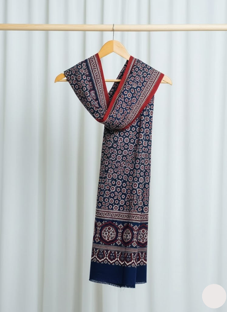 Premium Hand Block Printed Ajrak Kharik Blue– Single Paat | Natural Dyed Cotton Ajrak