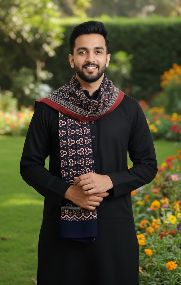 Premium Hand Block Printed Ajrak King Priest Indigo & Maroon – Single Paat | Organic Dyed Cotton Ajrak for Men