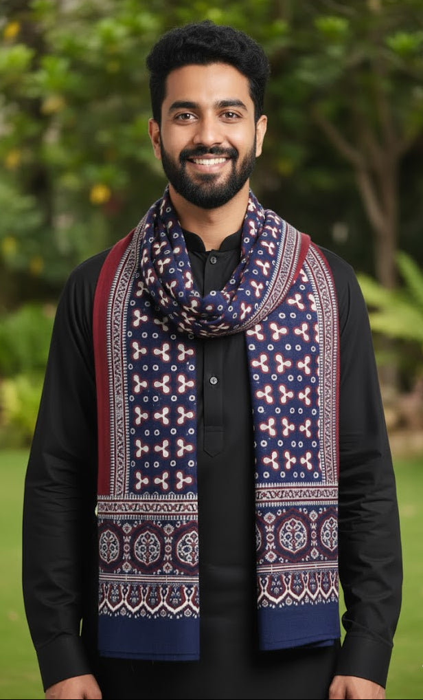 Premium Hand Block Printed Ajrak King Priest – Single Paat | Natural Dyed Cotton Ajrak