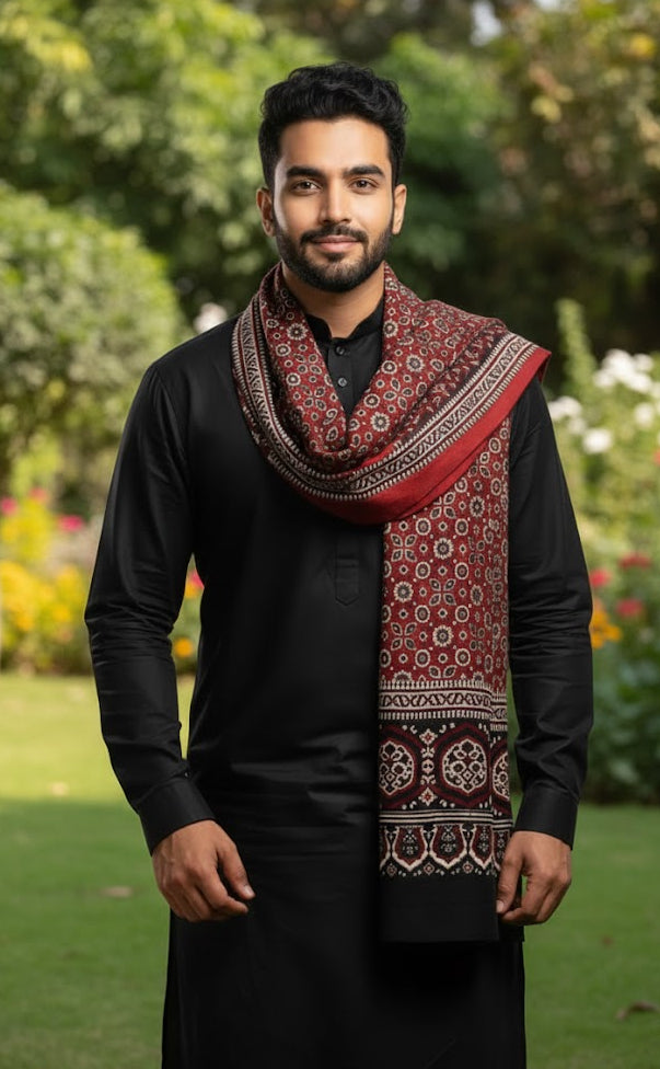 Premium Hand Block Printed Ajrak Kharik Red – Single Paat | Natural Dyed Cotton Ajrak