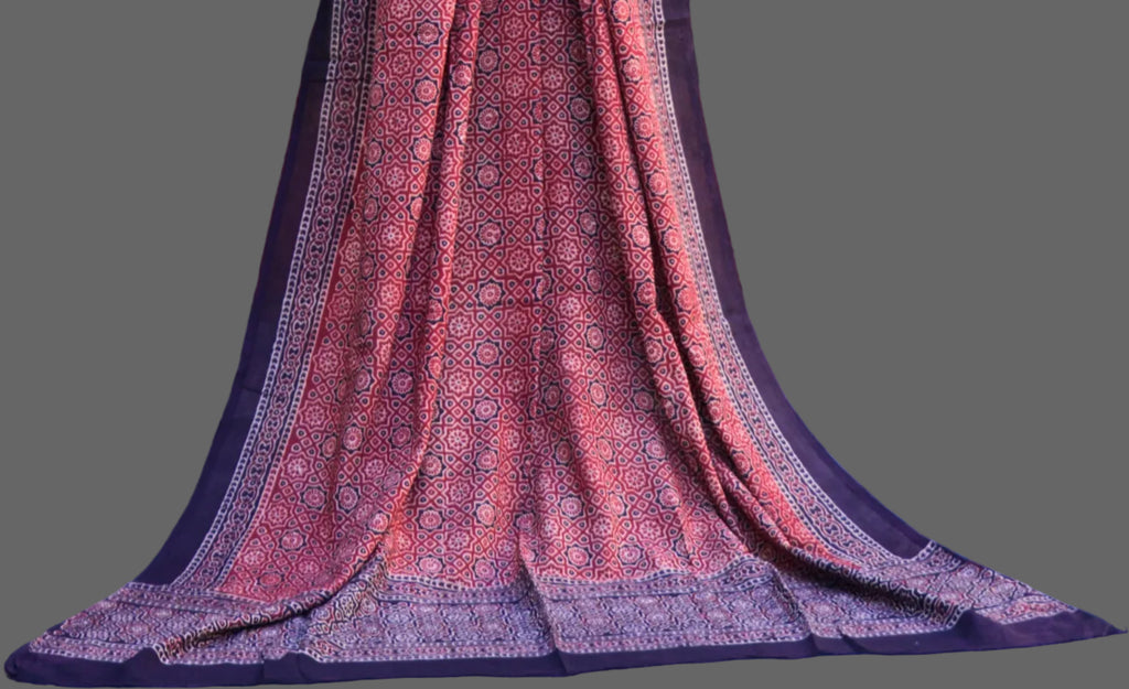 Organic Dye Hand Block Print Ajrak Two-Piece Dress Set – Moroccan Red Shirt & Dupatta (2.5m Each, 44" Width)- Cotton