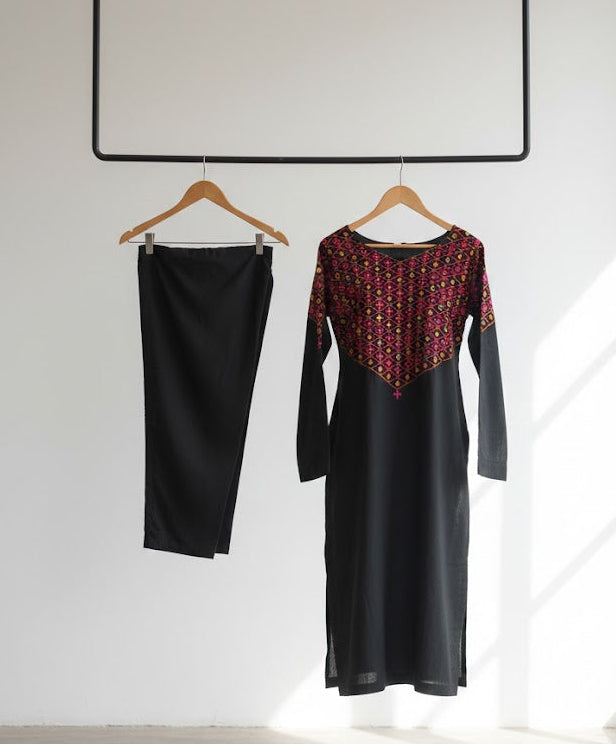 Black Cotton Kurti Set with Hand Mirror Embroidery – Multicolor Thread Work