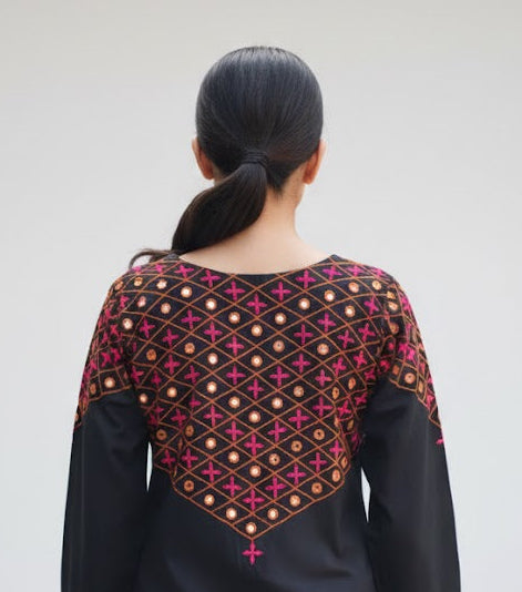 Black Cotton Kurti Set with Hand Mirror Embroidery – Multicolor Thread Work