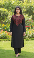 Black Cotton Kurti Set with Hand Mirror Embroidery – Multicolor Thread Work