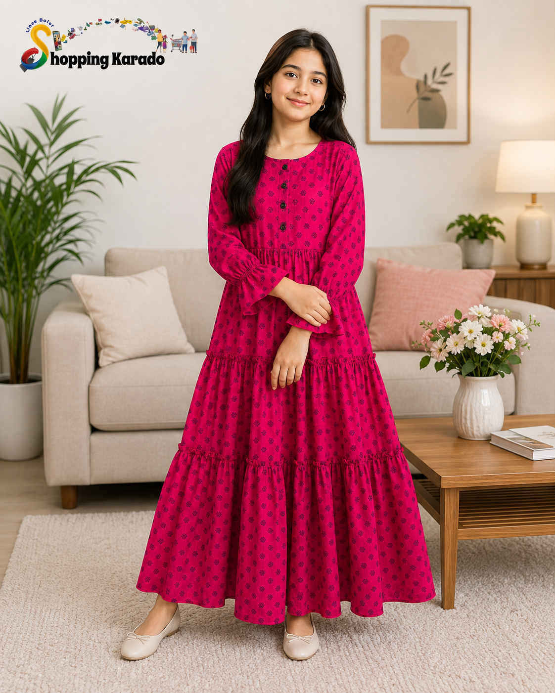 💖 Elegant Pink Printed Maxi Dress – Adult Collection