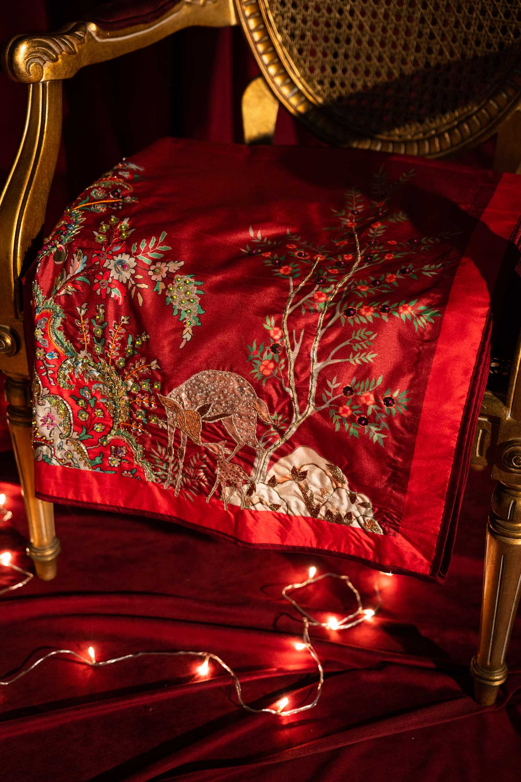 Deer Forest - Red Embroidered Luxury Shawl - Buy Online Pakistan