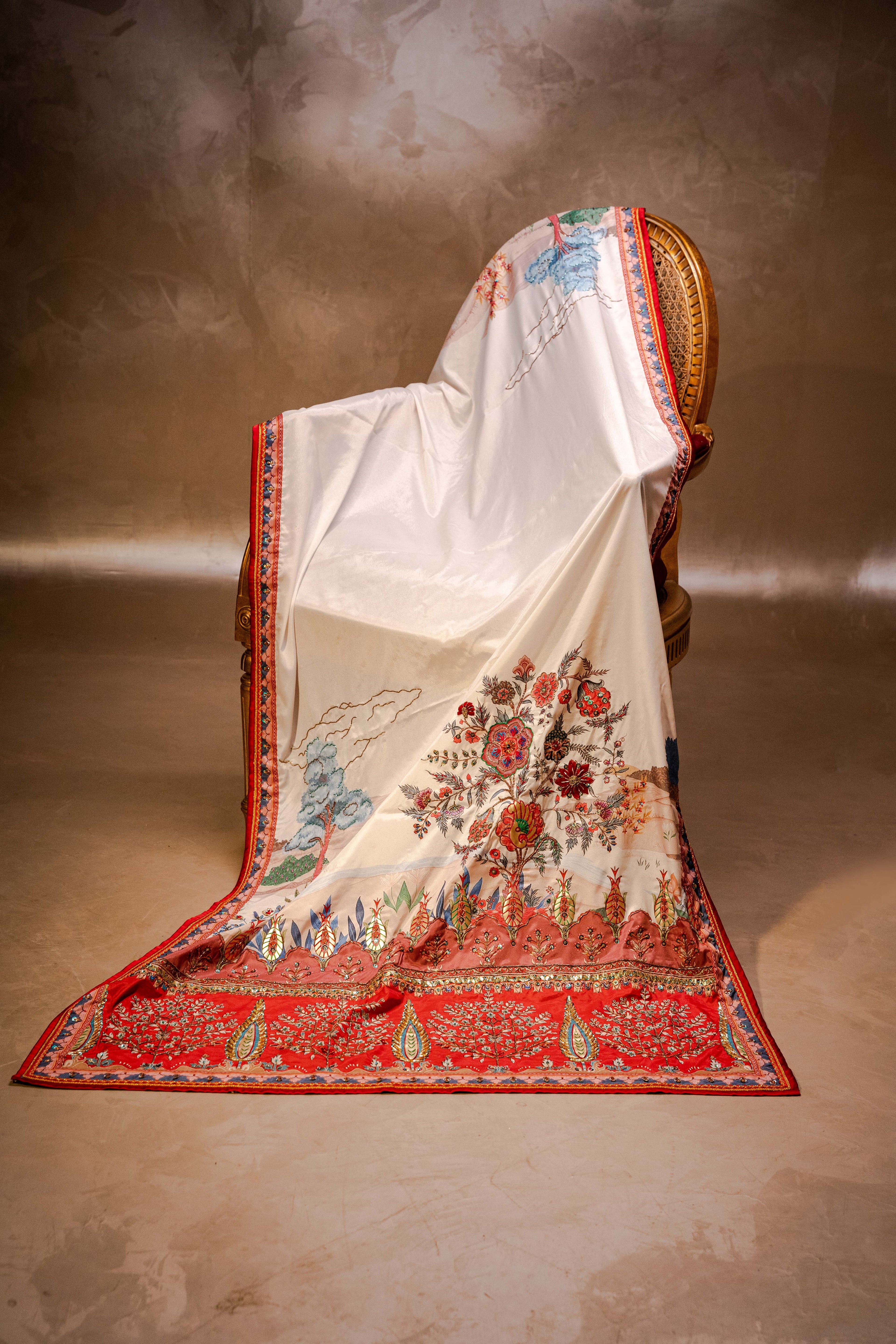 Vashah Rangreza - Hand Embroidered Raw Silk Shawl - Shopping Karado