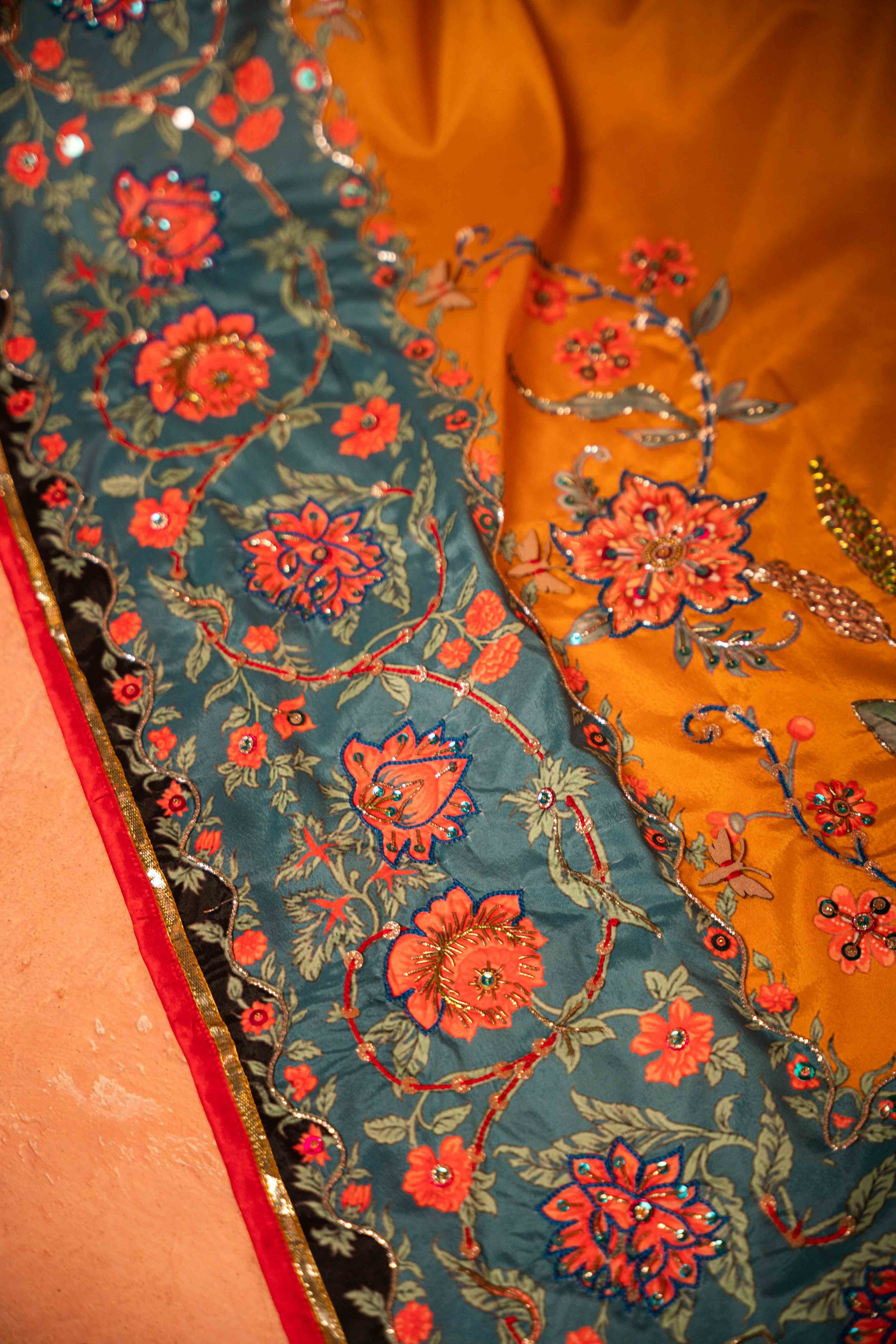 Vashah Rang Mahal - Hand Embroidered Raw Silk Shawl - Shopping Karado
