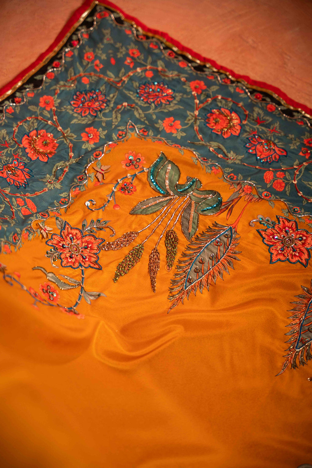 Vashah Rang Mahal - Hand Embroidered Raw Silk Shawl - Shopping Karado