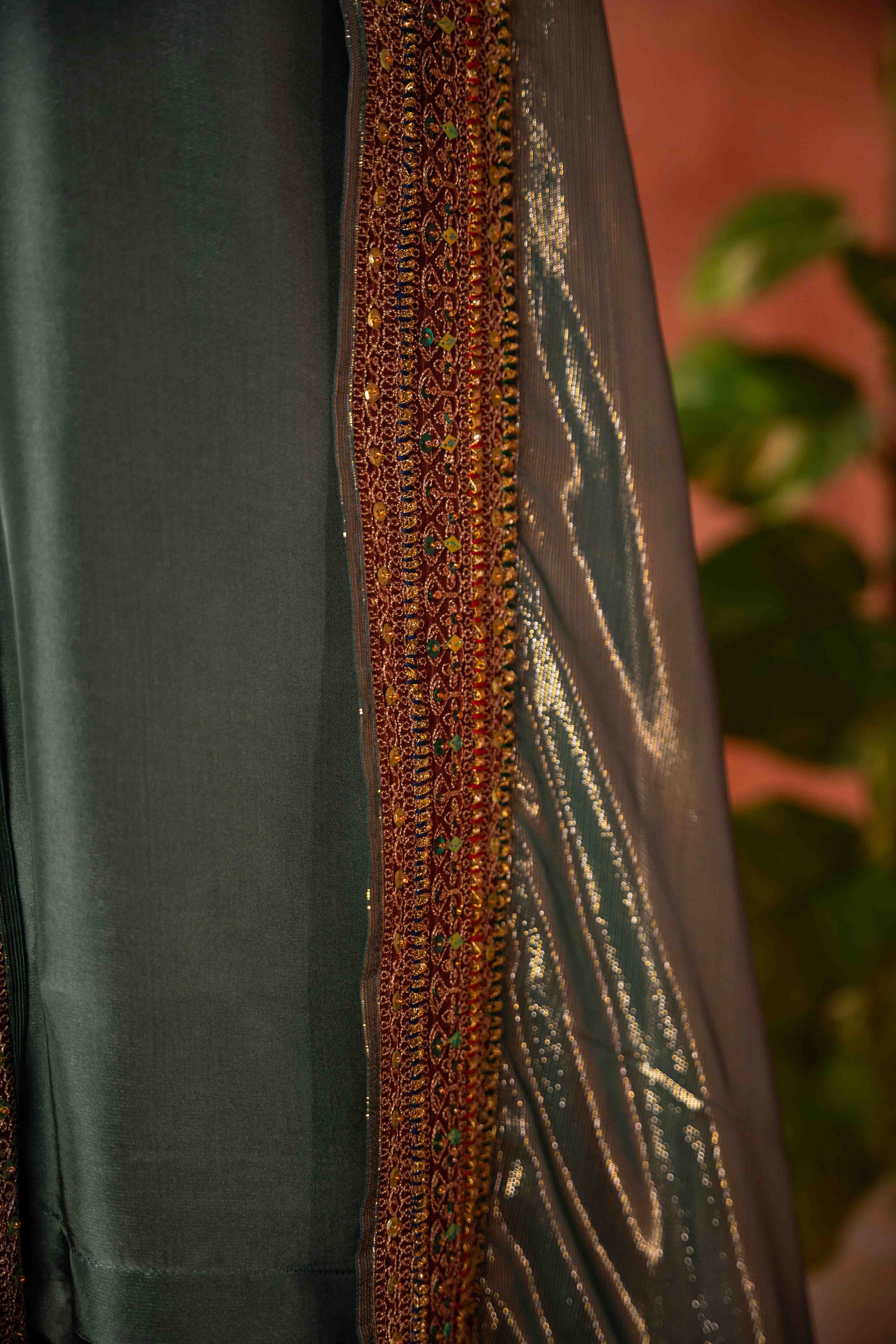 Gul Bano Shawl (Green) - Red Embroidered Luxury Shawl - Buy Online Pakistan