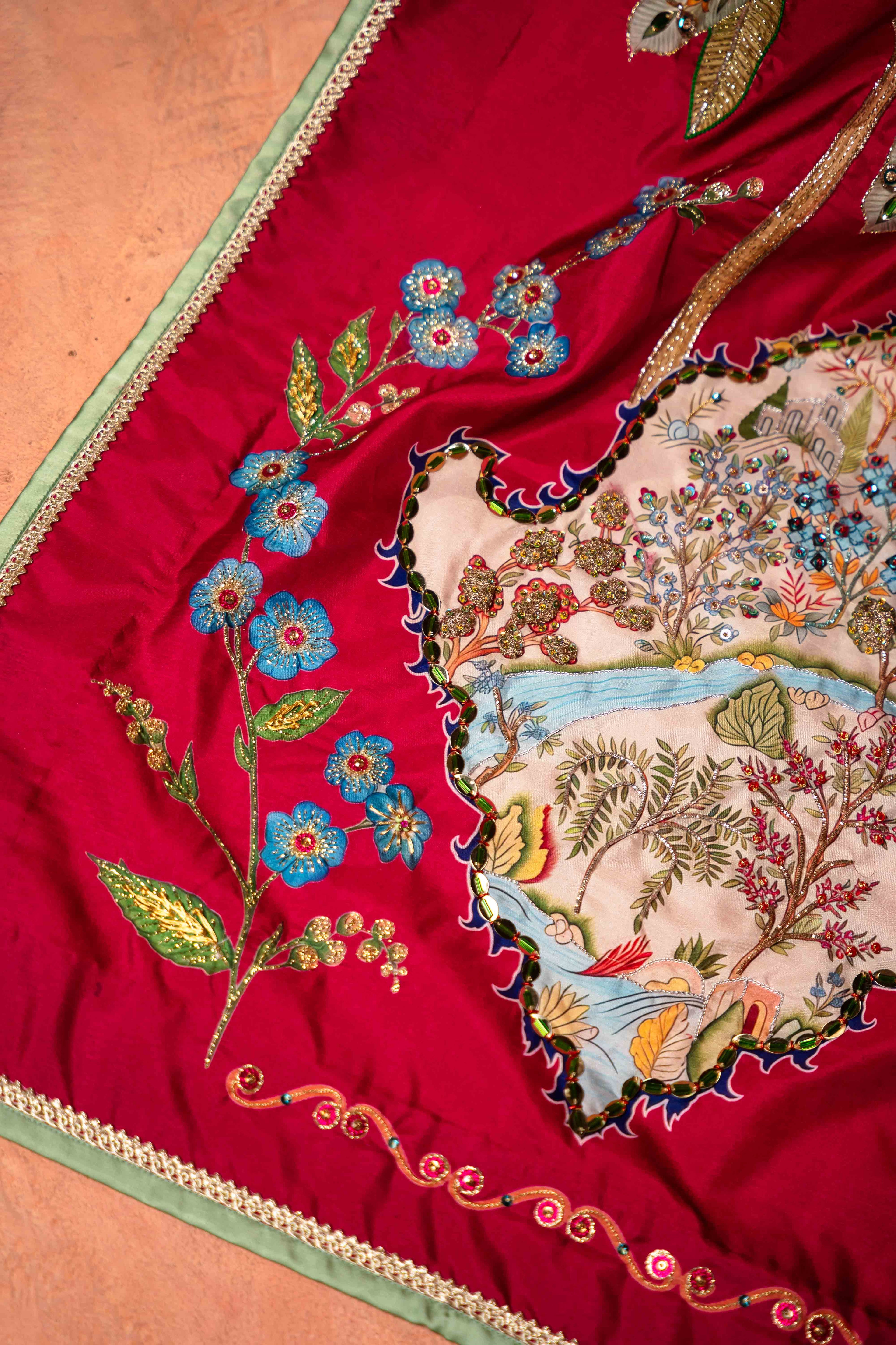 Vashah ROSE OF THE MOON - Hand Embroidered Raw Silk Shawl - Shopping Karado