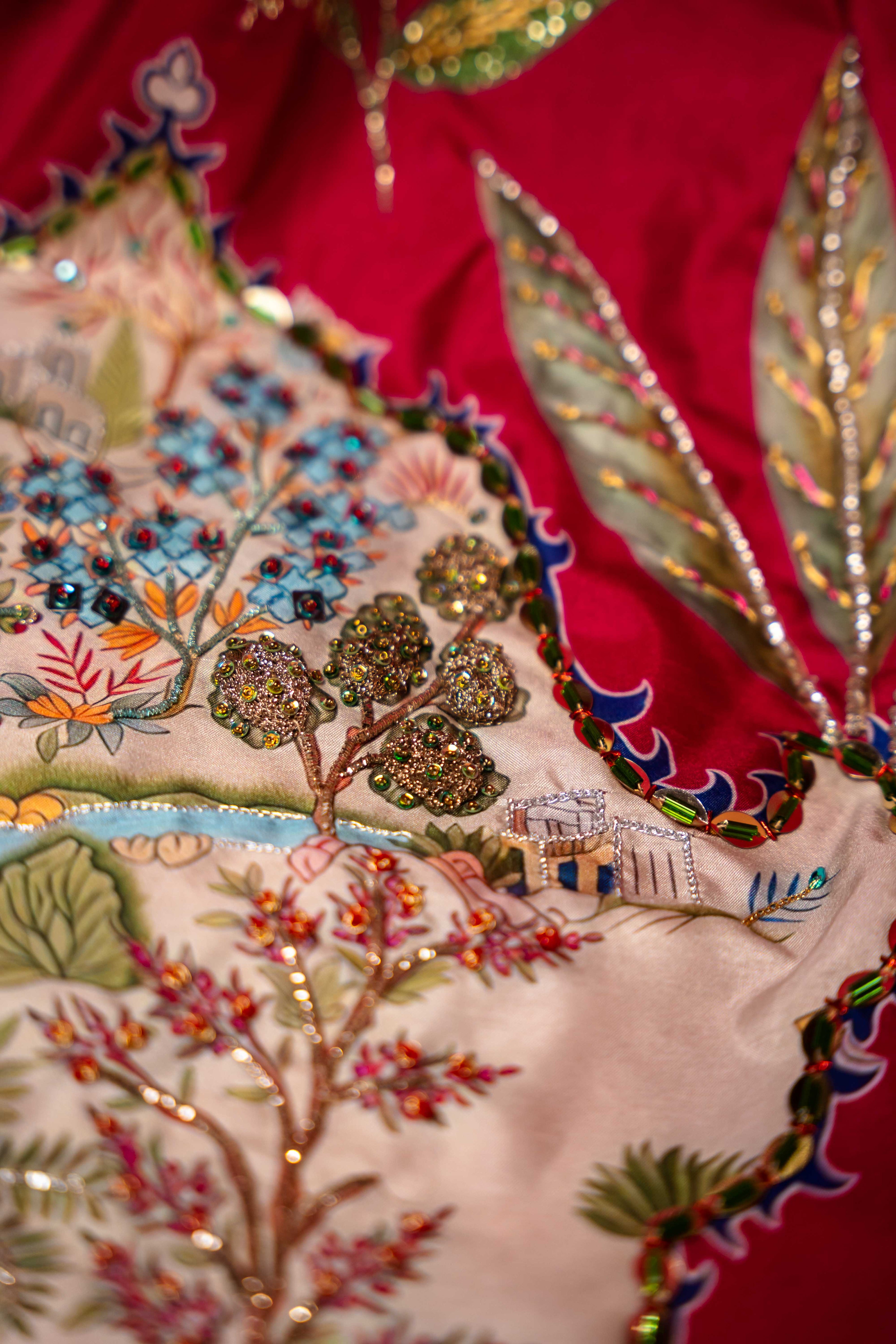 Vashah ROSE OF THE MOON - Hand Embroidered Raw Silk Shawl - Shopping Karado
