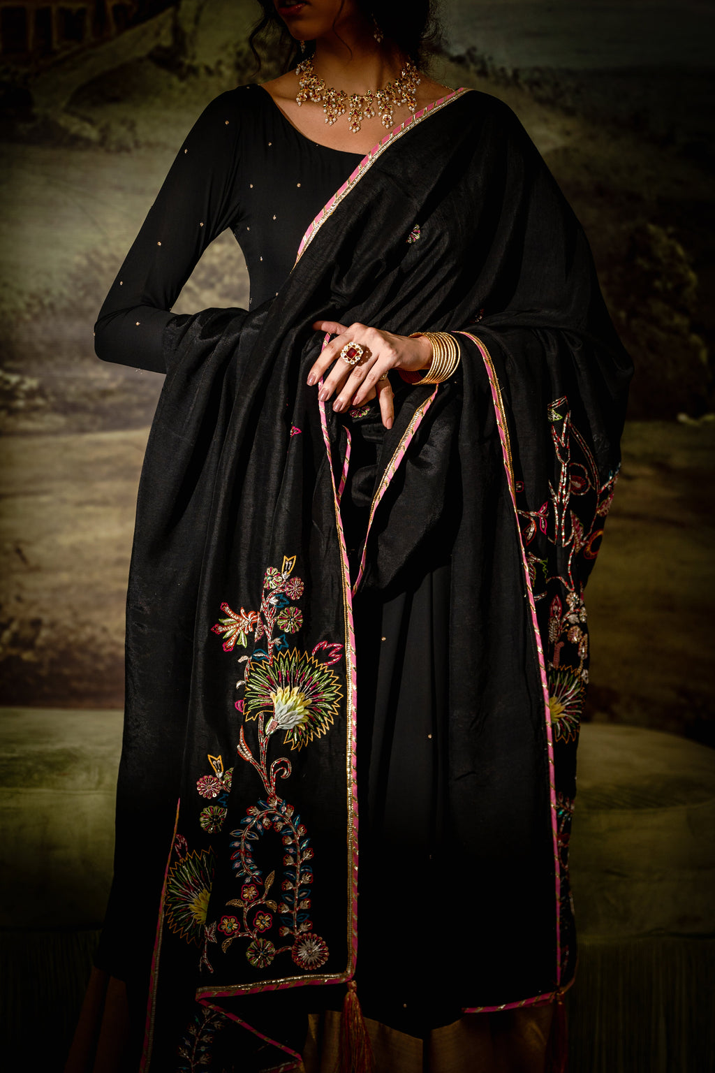 Vashah Midnight Chintz - Hand Embroidered Raw Silk Shawl - Shopping Karado