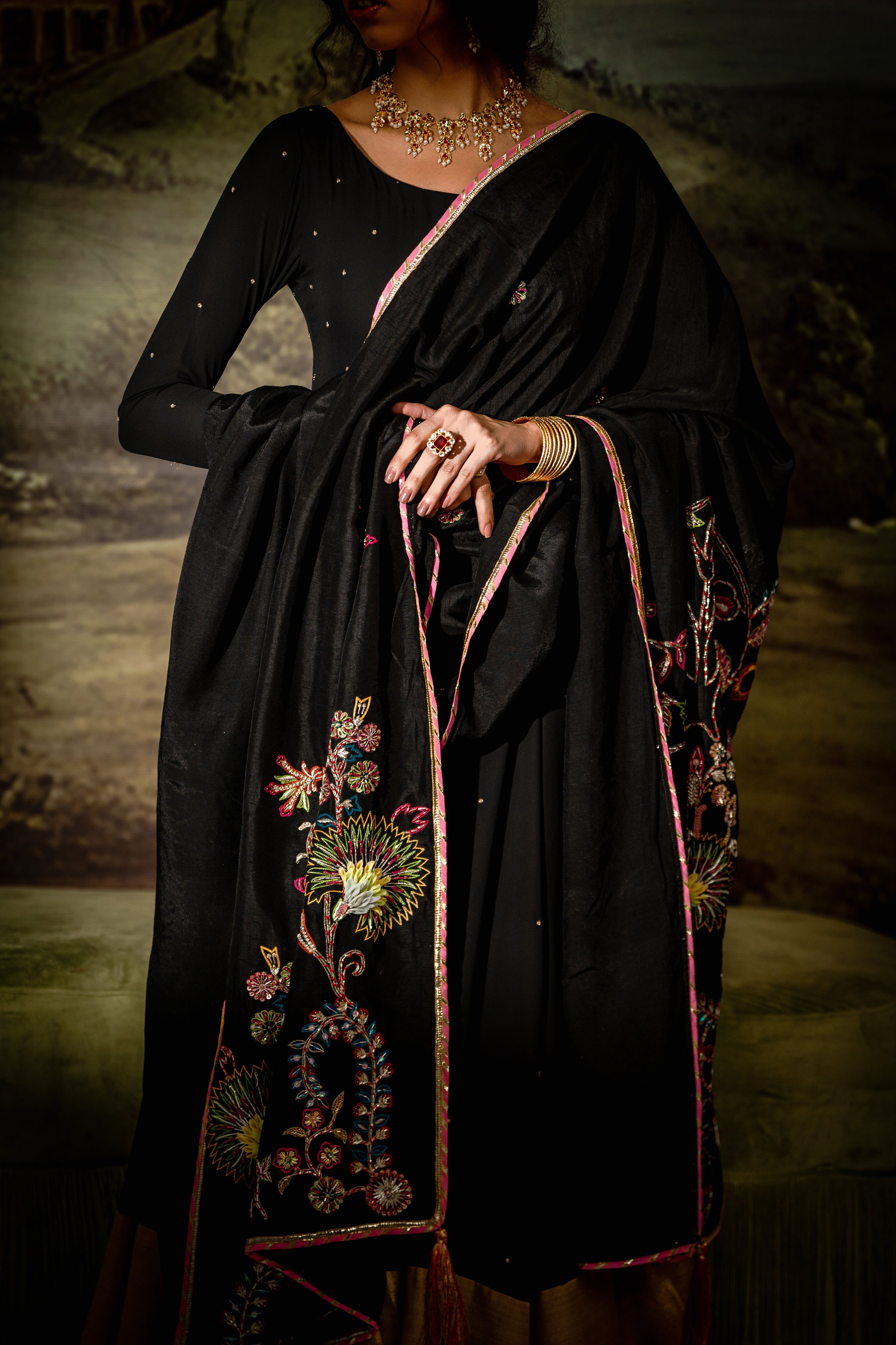 Vashah Midnight Chintz - Hand Embroidered Raw Silk Shawl - Shopping Karado