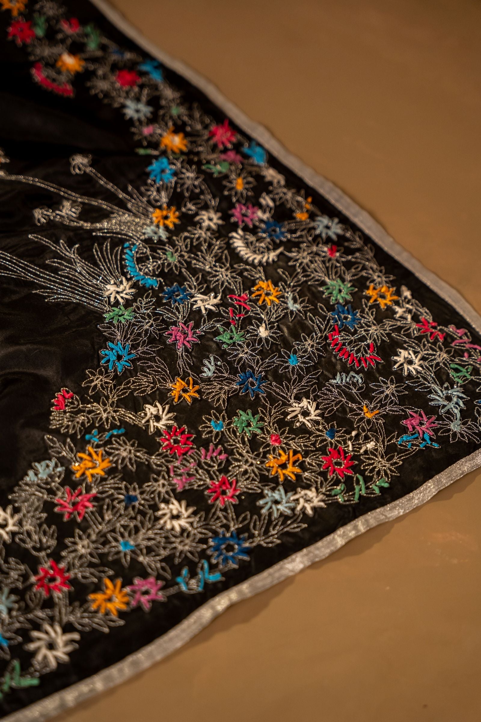 Vashah Black Dhanak - Hand Embroidered Silk Shawl - Shopping Karado
