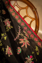 Vashah Chintz Noir - Hand Embroidered Raw Silk Shawl - Shopping Karado