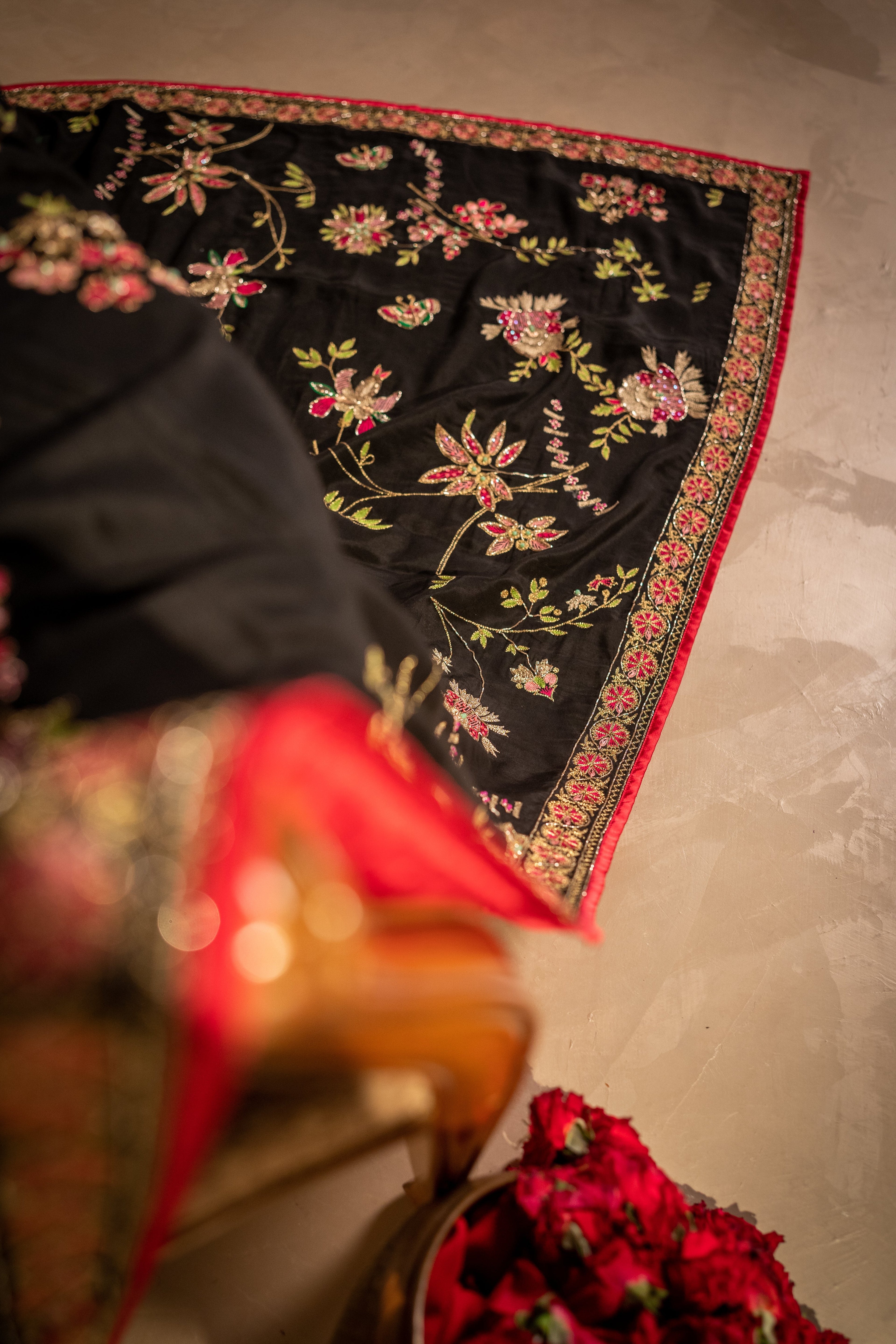 Chintz Noir Detail View - Luxury Pakistani Shawl - shoppingkarado.com