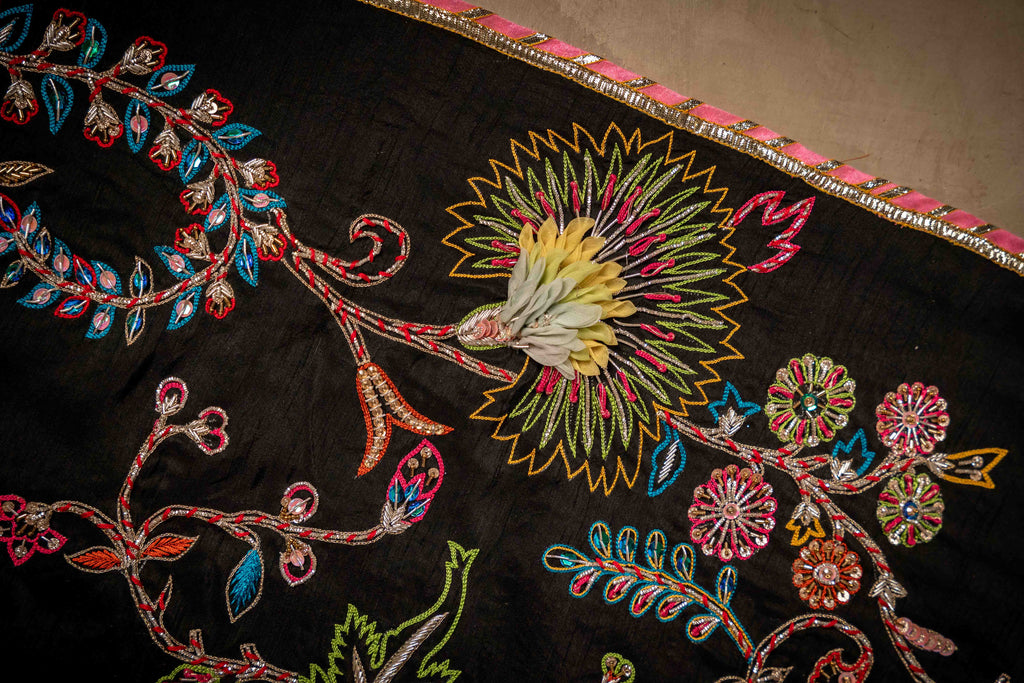 Vashah Midnight Chintz - Hand Embroidered Raw Silk Shawl - Shopping Karado