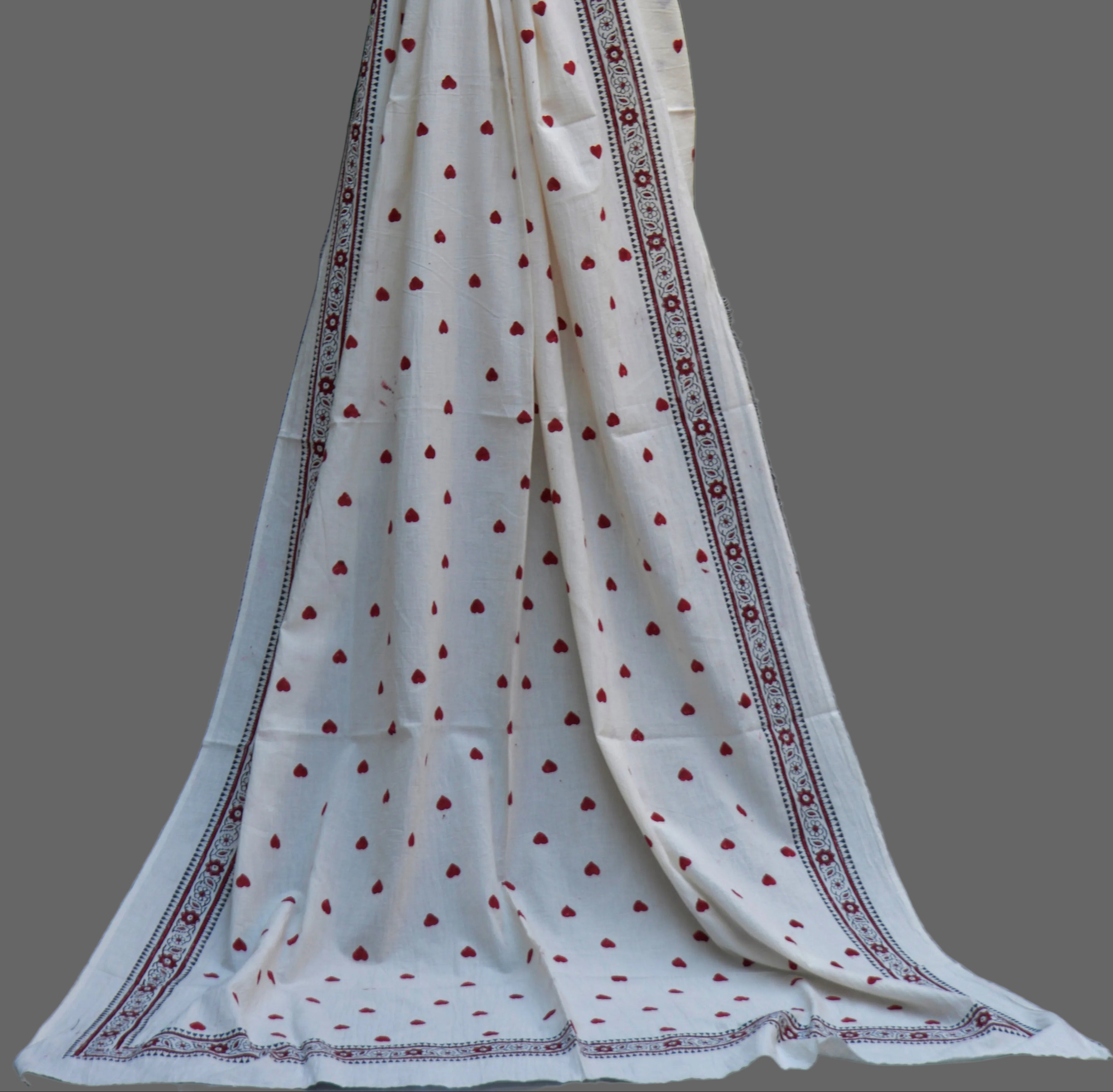 Hand Block Printed Heart Design Two-Piece Dress – Red on White Cotton (Shirt & Dupatta)