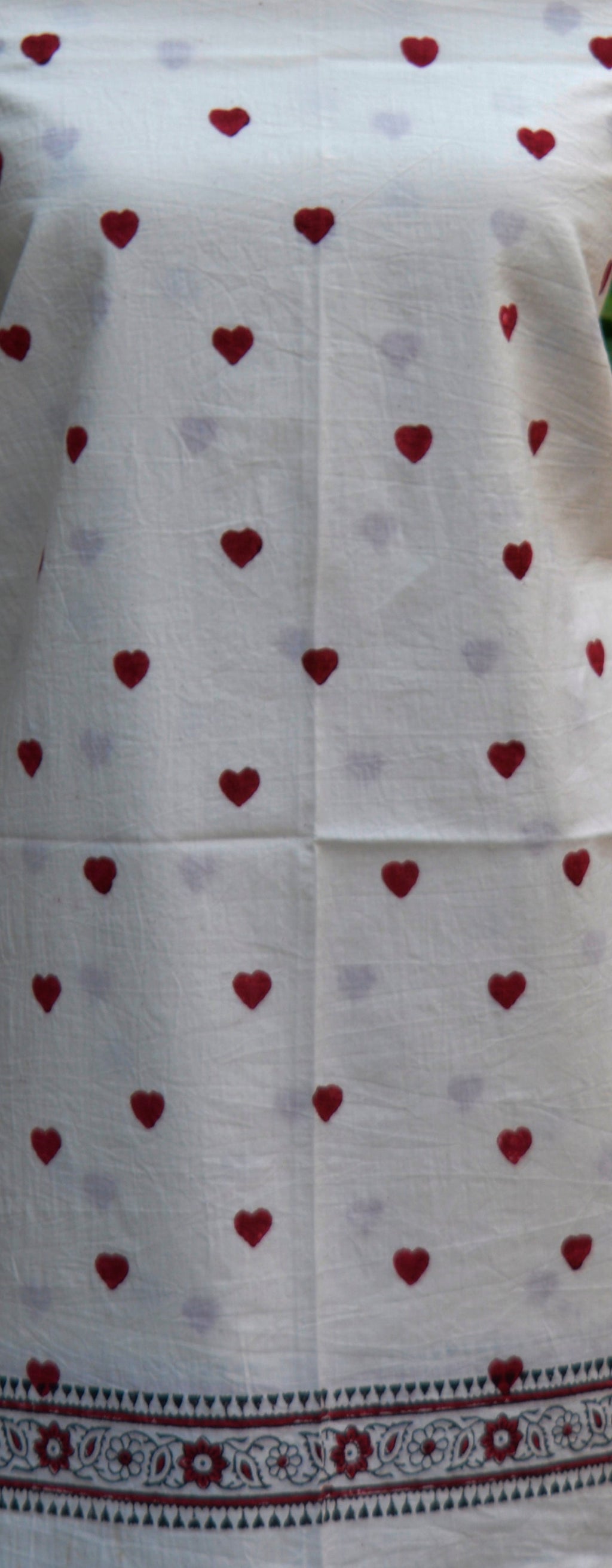 Hand Block Printed Heart Design Two-Piece Dress – Red on White Cotton (Shirt & Dupatta)