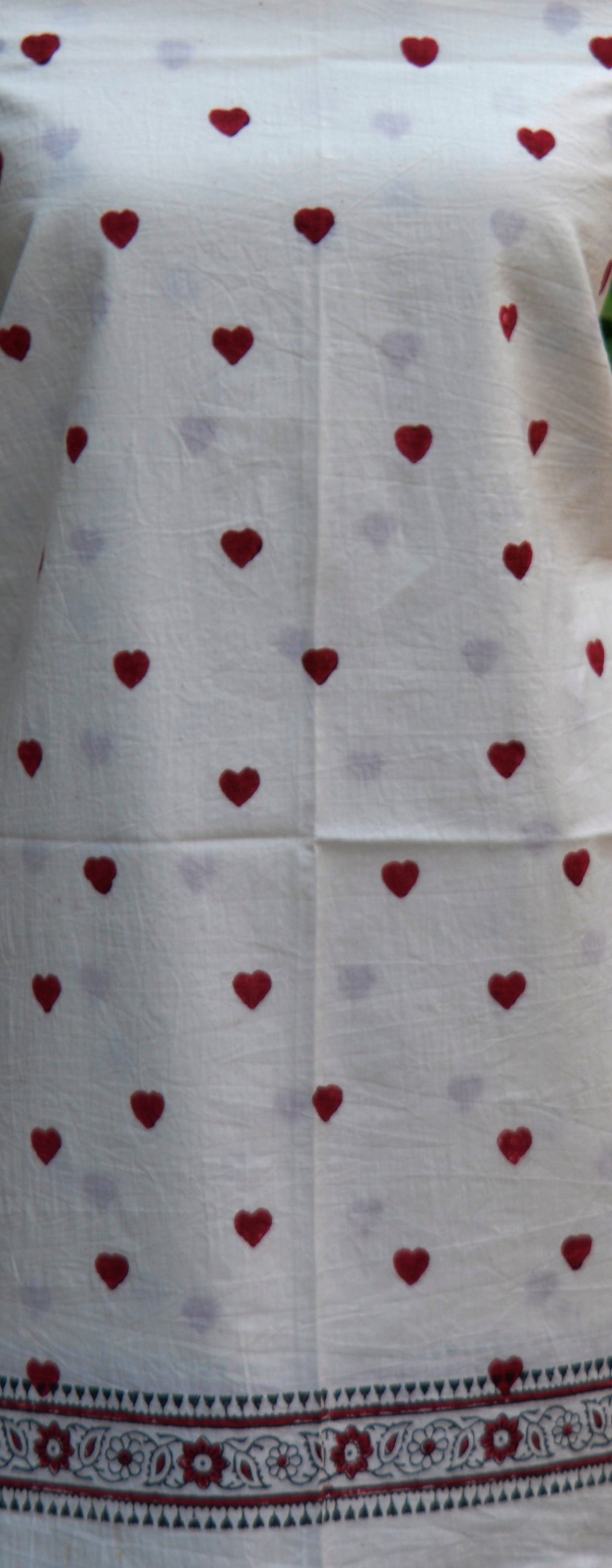 Hand Block Printed Heart Design Two-Piece Dress – Red on White Cotton (Shirt & Dupatta)