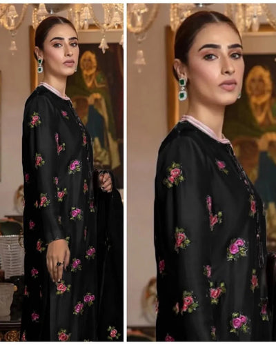 Unstitched 3pc Floral Embroidered Dress on Shamoz Silk Shirt & Trouser and Organza Dupatta