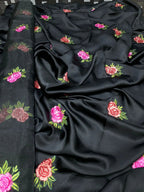 SastaaE Unstitched 3pc Floral Embroidered Dress on Shamoz Silk Shirt & Trouser and Organza Dupatta Black - Shopping Karado Pakistan