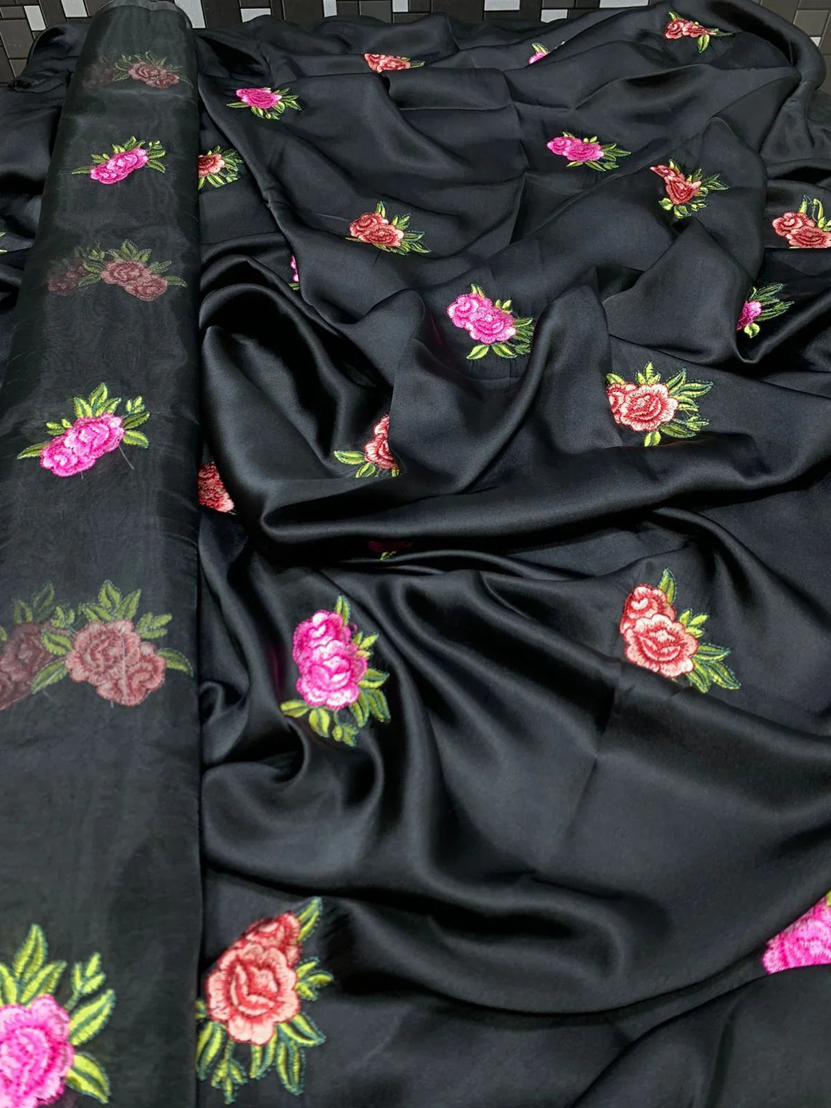 SastaaE Unstitched 3pc Floral Embroidered Dress on Shamoz Silk Shirt & Trouser and Organza Dupatta Black - Shopping Karado Pakistan