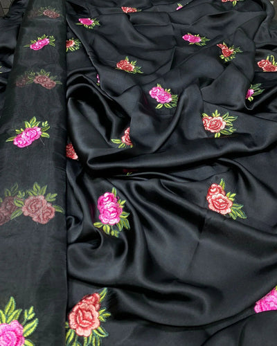 Unstitched 3pc Floral Embroidered Dress on Shamoz Silk Shirt & Trouser and Organza Dupatta