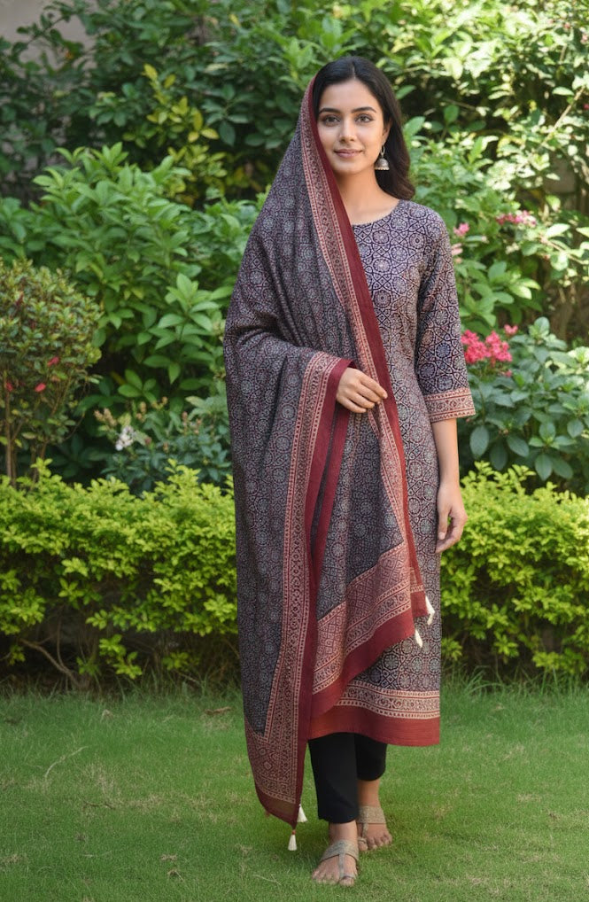 Organic Dye Hand Block Print Ajrak Two-Piece Dress – Moroccan Black Contrast Shirt & Dupatta (Unstitched, 2.5m Each)