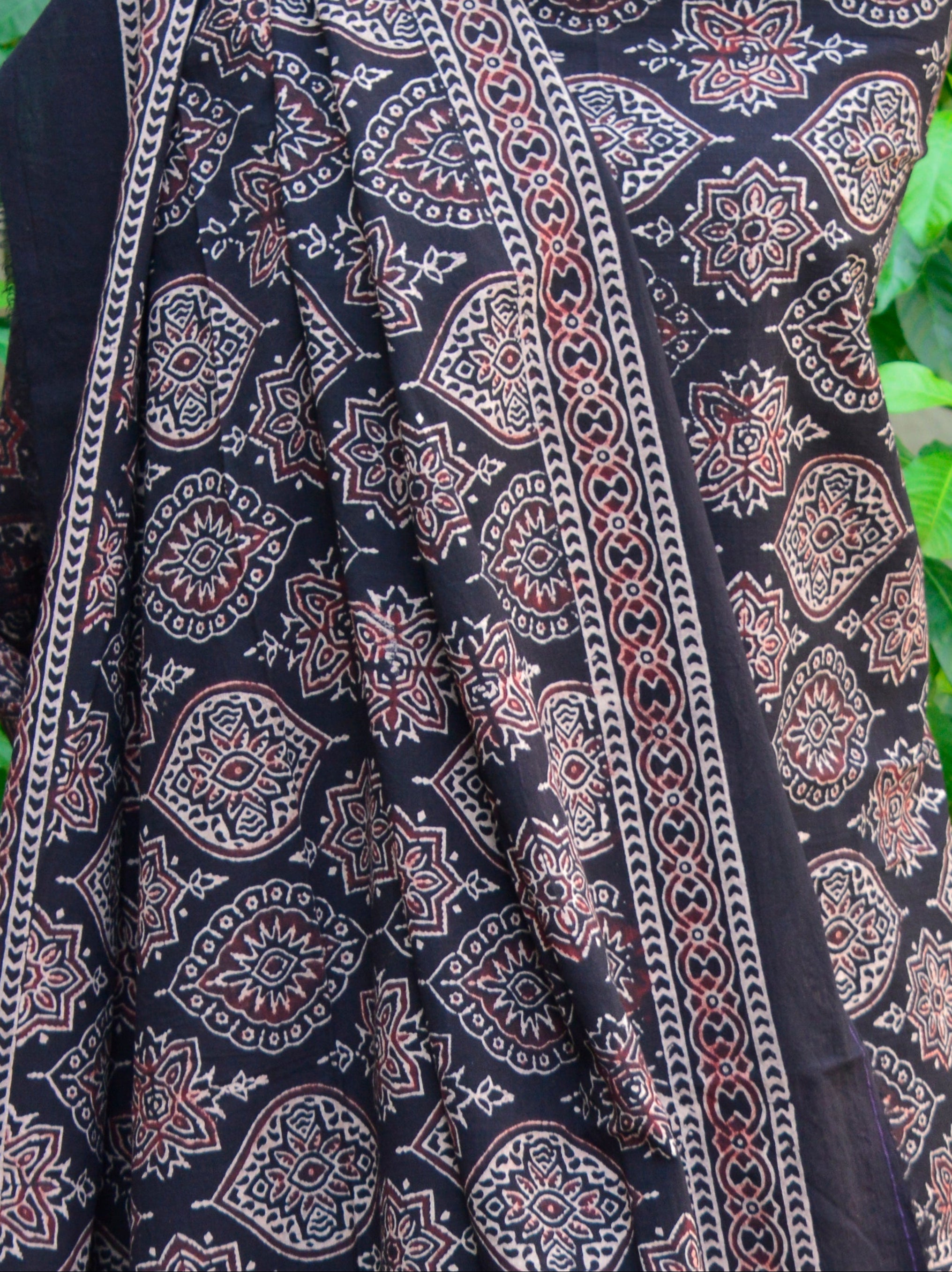 Organic Dye Hand Block Print Badam Black Contrast Ajrak Design Dress – Unstitched Two-Piece