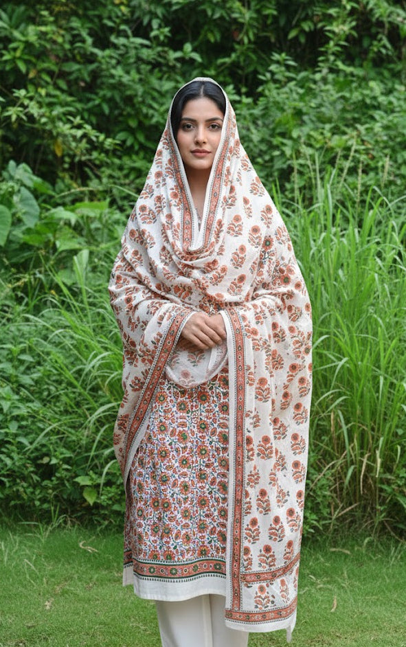 Daisy Flower Orange Hand Block Printed Cotton Two-Piece – Unstitched Shirt & Dupatta