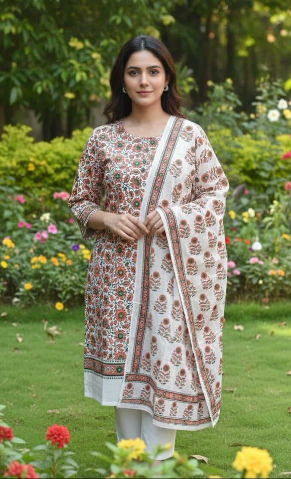 Daisy Flower Orange Hand Block Printed Cotton Two-Piece – Unstitched Shirt & Dupatta
