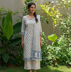 Hand Block Printed Lotus Tinny Blue Two-Piece – Unstitched Cotton Shirt & Dupatta