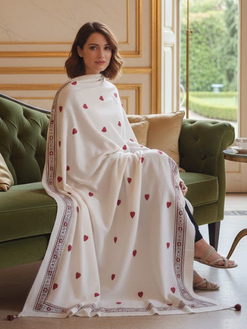 Hand Block Printed Medium Heart Dupatta Chadar – Cotton with Thread Tassels & Sea Shell Ornaments